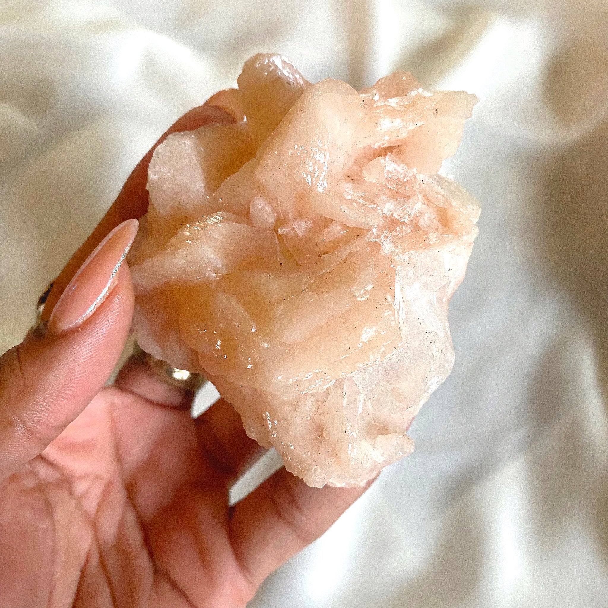 Peach Stilbite with Clear Apophyllite Crystal